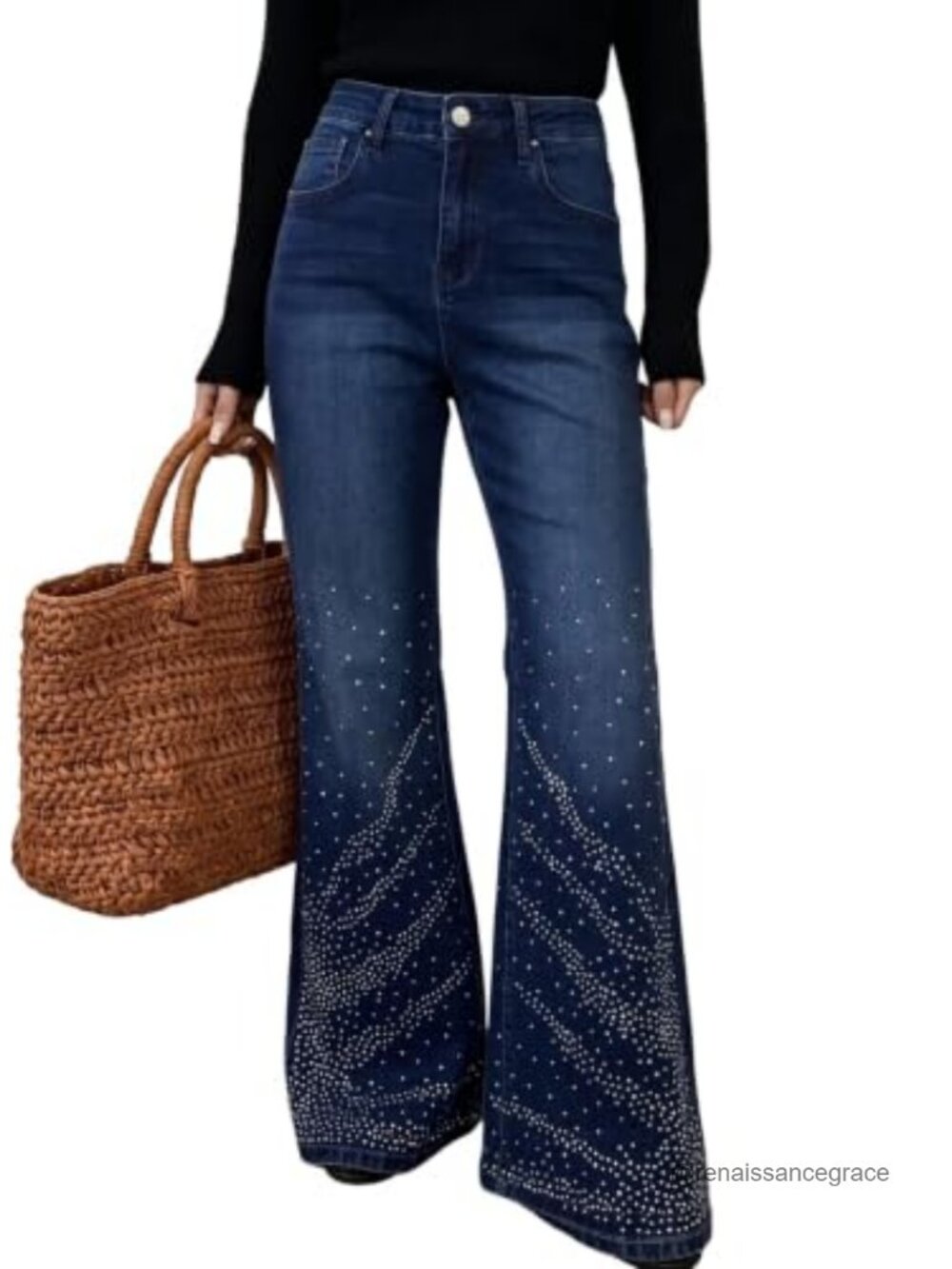 Flare Bell Bottom Jeans High Waisted Rhinestone Wide Leg Denim Pants